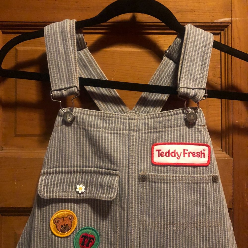 Teddy Fresh Women's Size Small Pinstripe Jean Overalls with Patches